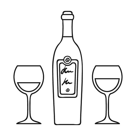 Bottle of red wine with glasses icon in outline style isolated on white background. Restaurant symbol vector illustration.のイラスト素材