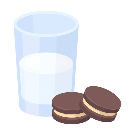 Glass of milk with cookies icon in cartoon style isolated on white background. Sleep and rest symbol stock vector illustration.のイラスト素材