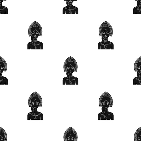 Russian woman in traditional suit icon in black design isolated on white background. Russian country pattern stock vector illustration.のイラスト素材