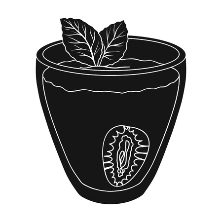 Transparent mug with strawberry juice and mint leaves.Vegetarian sweet drink for vegetarians.Vegetarian Dishes single icon in black style vector symbol stock illustration.のイラスト素材