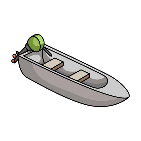 Small metal boat with motor for fishing.Boat for river or lake fishing.Ship and water transport single icon in cartoon style vector symbol stock illustration.のイラスト素材