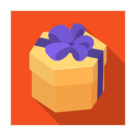 A yellow festive gift in a purple ribbon. Gifts and Certificates single icon in flat style vector symbol stock illustration.のイラスト素材