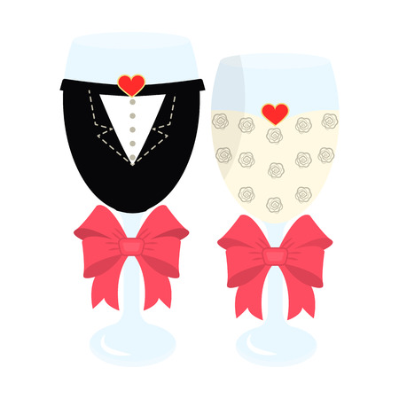 Glass glasses in the clothes of the bride and groom.Wedding single icon in cartoon style vector symbol stock illustration.のイラスト素材
