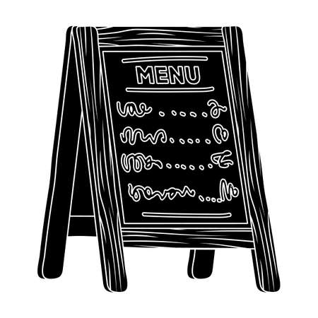 Street bar menu.A sign with the tasty dishes in the street. Pub single icon in black style vector symbol stock illustration.のイラスト素材