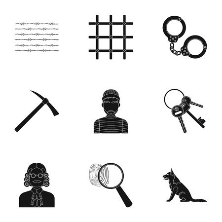 Set of images about the prison and prisoners. Surveillance of thieves, court, crime and punishment.Prison icon in set collection on black style vector symbol stock illustration.のイラスト素材