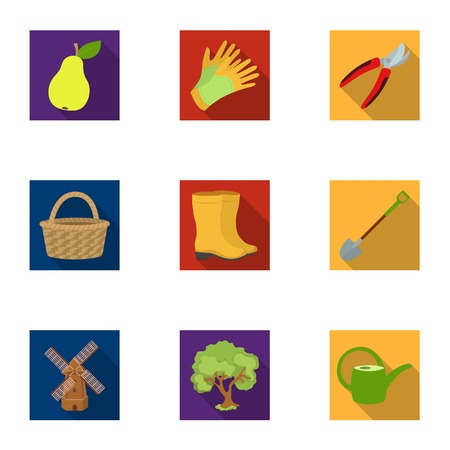 Set of pictures about gardening. Village, vegetable garden, garden, ecology.Farm and Gardening icon in set collection on flat style vector symbol stock illustration.のイラスト素材