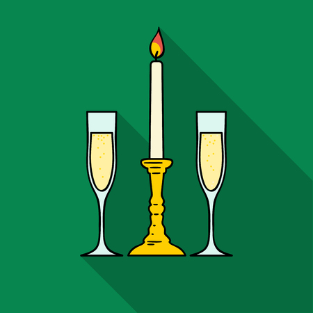 Candle between glasses with champagne icon in flat style isolated on white background. Restaurant symbol stock vector illustration.のイラスト素材