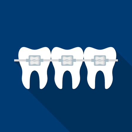Teeth with dental braces icon in flat style isolated on dark blue background. Dental care symbol stock vector illustration.のイラスト素材