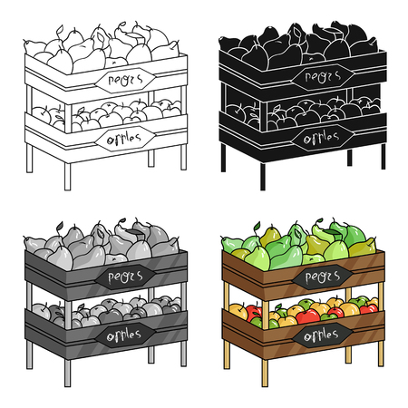 Raw food lying on rack shelves icon in cartoon style isolated on white background. Supermarket symbol stock vector illustration.のイラスト素材