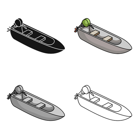 Small metal boat with motor for fishing.Boat for river or lake fishing.Ship and water transport single icon in cartoon style vector symbol stock web illustration.のイラスト素材