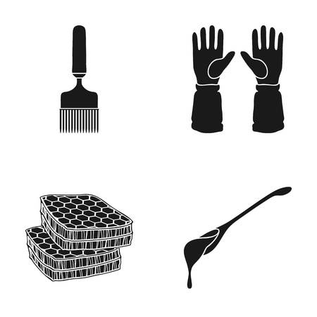 A spoon of honey, protective gloves, a barrel of honey, a fork.Apiary set collection icons in black style vector symbol stock illustration web.のイラスト素材