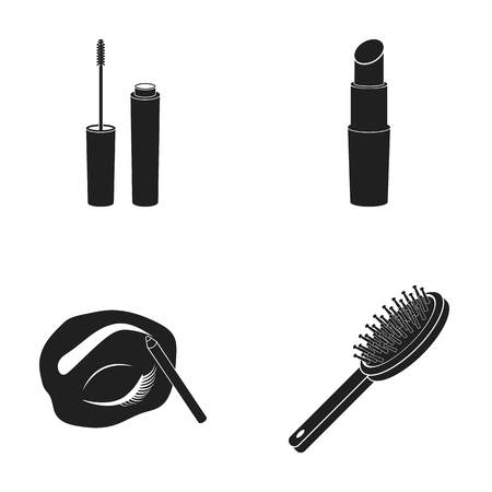Mascara, hairbrush, lipstick, eyebrow pencil,Makeup set collection icons in black style vector symbol stock illustration .のイラスト素材