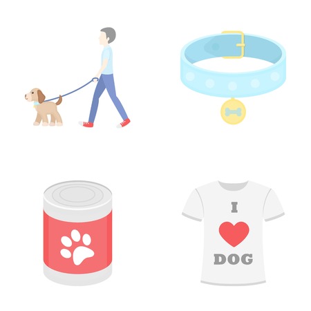 A man walks with a dog, a collar with a medal, food, a T-shirt I love dog.Dog set collection icons in cartoon style vector symbol stock illustration .のイラスト素材