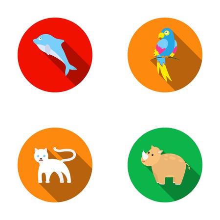Rhinoceros,popugay, panther, dolphin.Animal set collection icons in flat style vector symbol stock illustration web.のイラスト素材