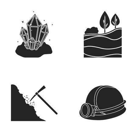 Crystals, coal seam, pickaxe, helmet with a lantern.Mine set collection icons in black style vector symbol stock illustration web.のイラスト素材