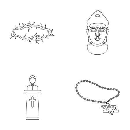 A crown of thorns, a star of David, a priest, a buddha s head. Religion set collection icons in outline style vector symbol stock illustration .のイラスト素材