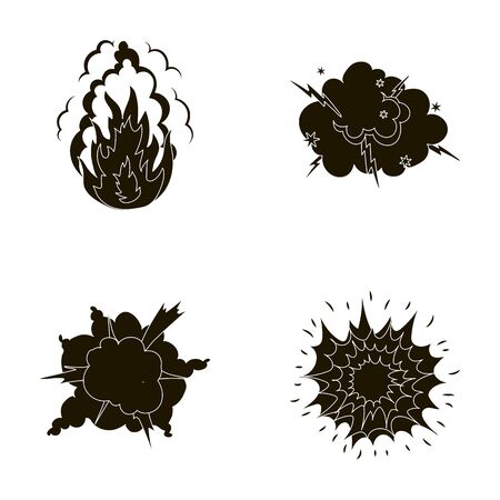 Flame, sparks, hydrogen fragments, atomic or gas explosion, thunderstorm, solar explosion. Explosions set collection icons in black style vector symbol stock illustration web.のイラスト素材