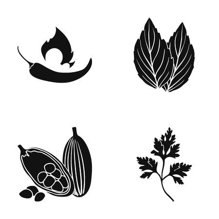 Chili, basil, cocoa beans, parsley.Herbs and spices set collection icons in black style vector symbol stock illustration web.のイラスト素材