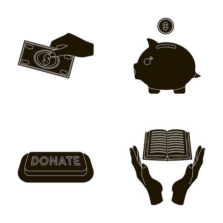 Hand with money for poshestvovaniya, a piggy bank for charity, a button with an inscription, a book for the blind in their hands. Charity and donation set collection icons in black style vector symbol stock illustration web.のイラスト素材