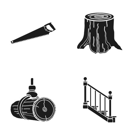 A hacksaw, a stump, a staircase with handrails, a beam. A sawmill and timber set collection icons in black style vector symbol stock illustration web.のイラスト素材