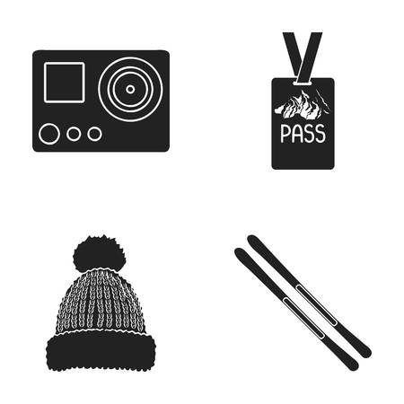 Camera action, a lifeguard token, a warm hat, ski. Ski resort set collection icons in black style vector symbol stock illustration web.のイラスト素材