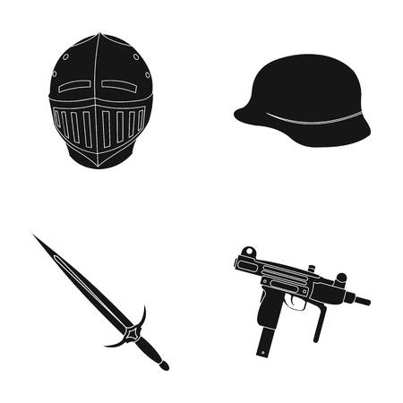 A helmet of a medieval knight, a soldiers helmet, a sword, an automaton uzi. Weapons set collection icons in black style vector symbol stock illustration web.のイラスト素材