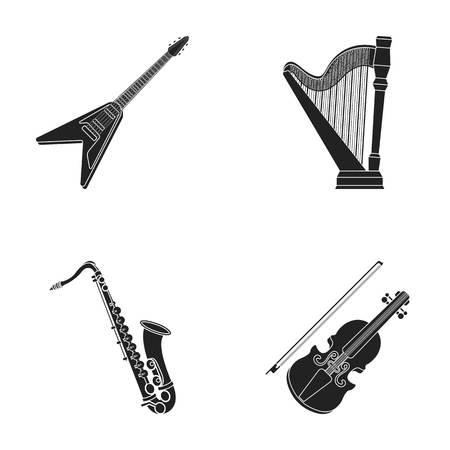 Electric guitar, loudspeaker,harp, saxophone, violin.Music instruments set collection icons in black style vector symbol stock illustration web.のイラスト素材