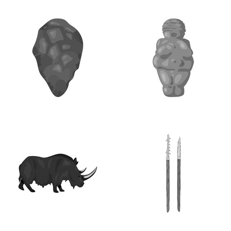 Primitive, woman, man, cattle .Stone age set collection icons in monochrome style vector symbol stock illustration web.のイラスト素材