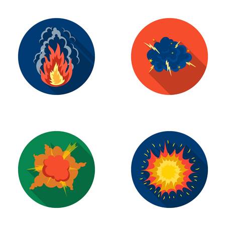 Flame, sparks, hydrogen fragments, atomic or gas explosion, thunderstorm, solar explosion. Explosions set collection icons in flat style vector symbol stock illustration web.のイラスト素材