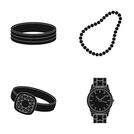 Engagement ring, beads from pearls, mens ring, wristwatch gold. Jewelery and accessories set collection icons in black style vector symbol stock illustration web.のイラスト素材