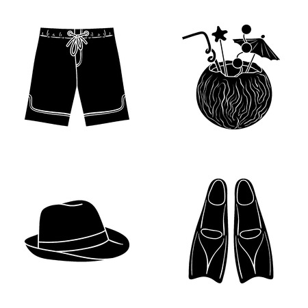 Swimming trunks, cocktail with coconut, panama and flippers. Surfing set collection icons in black style vector symbol stock illustration web.のイラスト素材