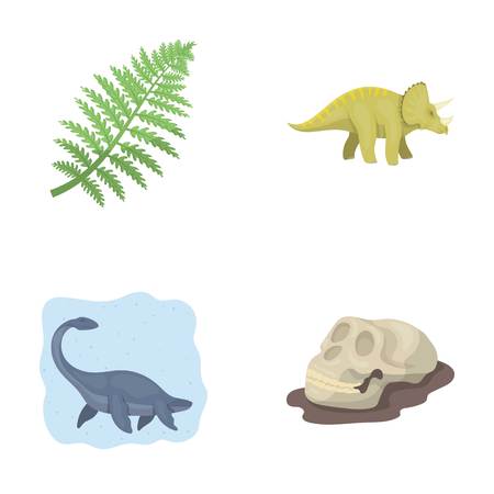Sea dinosaur,triceratops, prehistoric plant, human skull. Dinosaur and prehistoric period set collection icons in cartoon style vector symbol stock illustration web.のイラスト素材