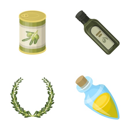 A can of canned olives, a bottle of oil with a sticker, an olive wreath, a glass jar with a cork. Olives set collection icons in cartoon style vector symbol stock illustration .のイラスト素材