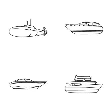 A military submarine, a speedboat, a pleasure boat and a spirit boat.Ships and water transport set collection icons in monocrome style vector symbol stock illustration web.のイラスト素材