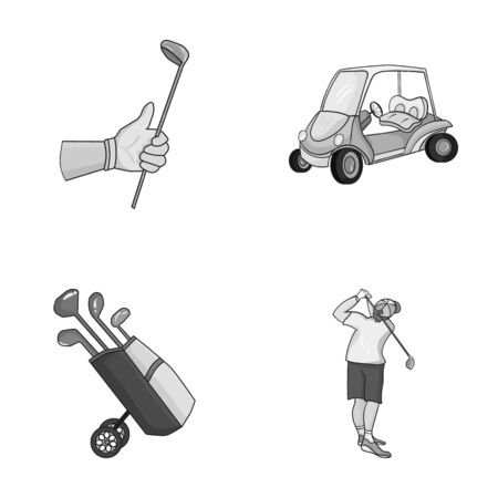 A gloved hand with a stick, a golf cart, a trolley bag with sticks in a bag, a man hammering with a stick. Golf Club set collection icons in monochrome style vector symbol stock illustration web.のイラスト素材