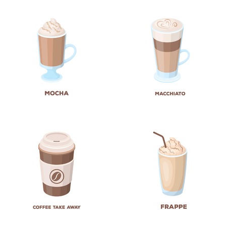 Mocha, macchiato, frappe, take coffee.Different types of coffee set collection icons in cartoon style vector symbol stock illustration web.のイラスト素材