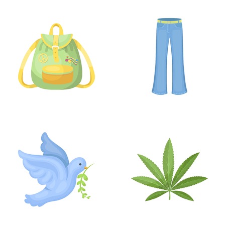 A cannabis leaf, a dove, jeans, a backpack.Hippy set collection icons in cartoon style vector symbol stock illustration web.のイラスト素材