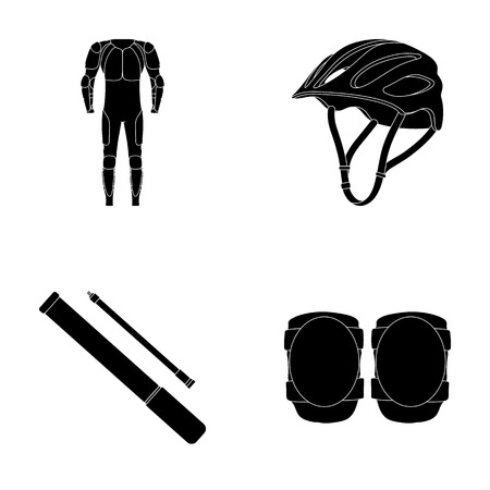 Full-body suit for the rider, helmet, pump with a hose, knee protectors.Cyclist outfit set collection icons in black style vector symbol stock illustration web.のイラスト素材