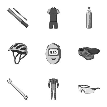 Icons of Cycling, bike. Set for bike, backpack protection, repair, form. Cyclist outfit icon in set collection on monochrome style vector symbol stock illustration.のイラスト素材