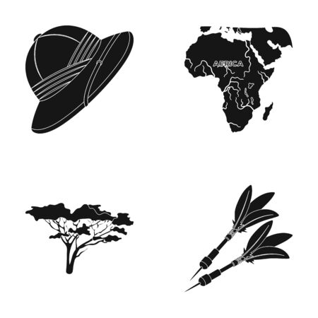 Cork hat, darts, savannah tree, territory map. African safari set collection icons in black style vector symbol stock illustration web.のイラスト素材