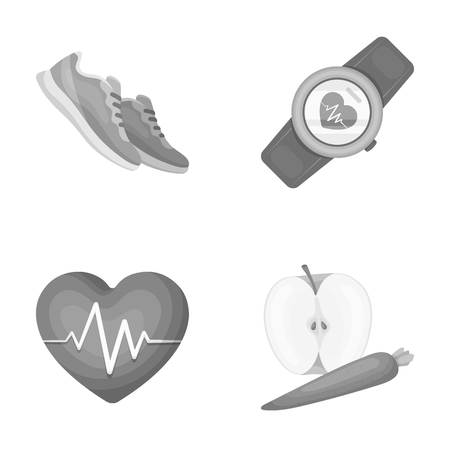 Heart rhythm, vitamins and other equipment for training.Gym and workout set collection icons in monochrome style vector symbol stock illustration web.のイラスト素材
