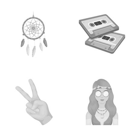 Amulet, hippie girl, freedom sign, old cassette.Hippy set collection icons in monochrome style vector symbol stock illustration web.のイラスト素材