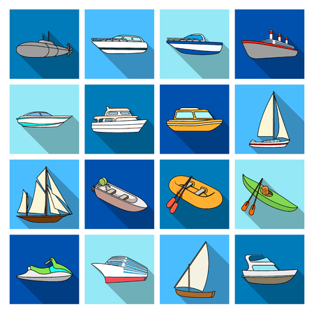 Yacht, boat, liner, types of ship and water transport. Ship and water transport set collection icons in flat style vector symbol stock illustration web.のイラスト素材