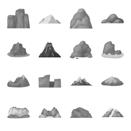 Rock, peak, volcano, and other kinds of mountains. Different mountains set collection icons in monochrome style vector symbol stock illustration web.のイラスト素材