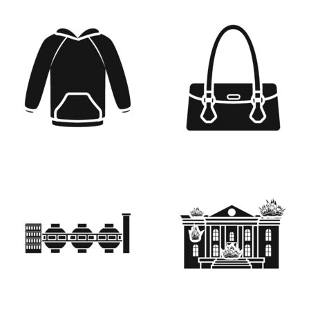 Clothing, womens handbag and other web icon in black style. factory, burning building icons in set collection.のイラスト素材