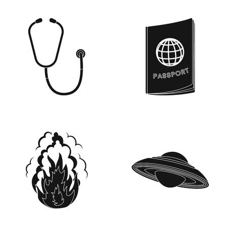 Phonendoscope, passport and other  icon in black style.flame, flying saucer icons in set collection.のイラスト素材