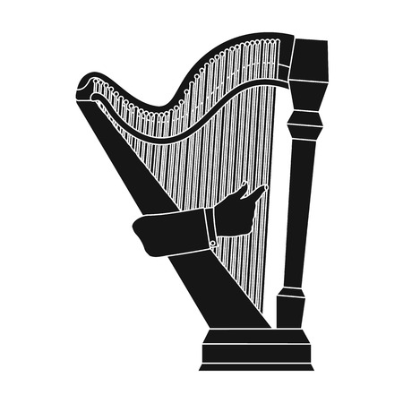 Playing the harp stringed musical instrument. Orchestral harp single icon in black style vector symbol stock illustration web.のイラスト素材