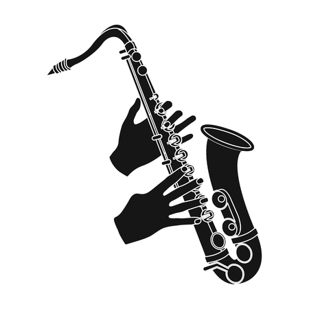 The saxophonist plays the saxophone. Golden saxophone single icon in black style vector symbol stock illustration web.のイラスト素材