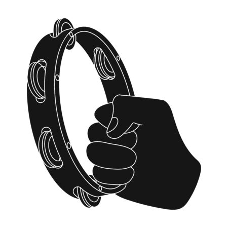 A tambourine that produces a melodic sound. Tambourine in his hand single icon in black style vector symbol stock illustration web.のイラスト素材