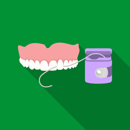 Cleaning the teeth with a Silk dental floss. Stomatology single icon in flat style vector symbol stock illustration web.のイラスト素材